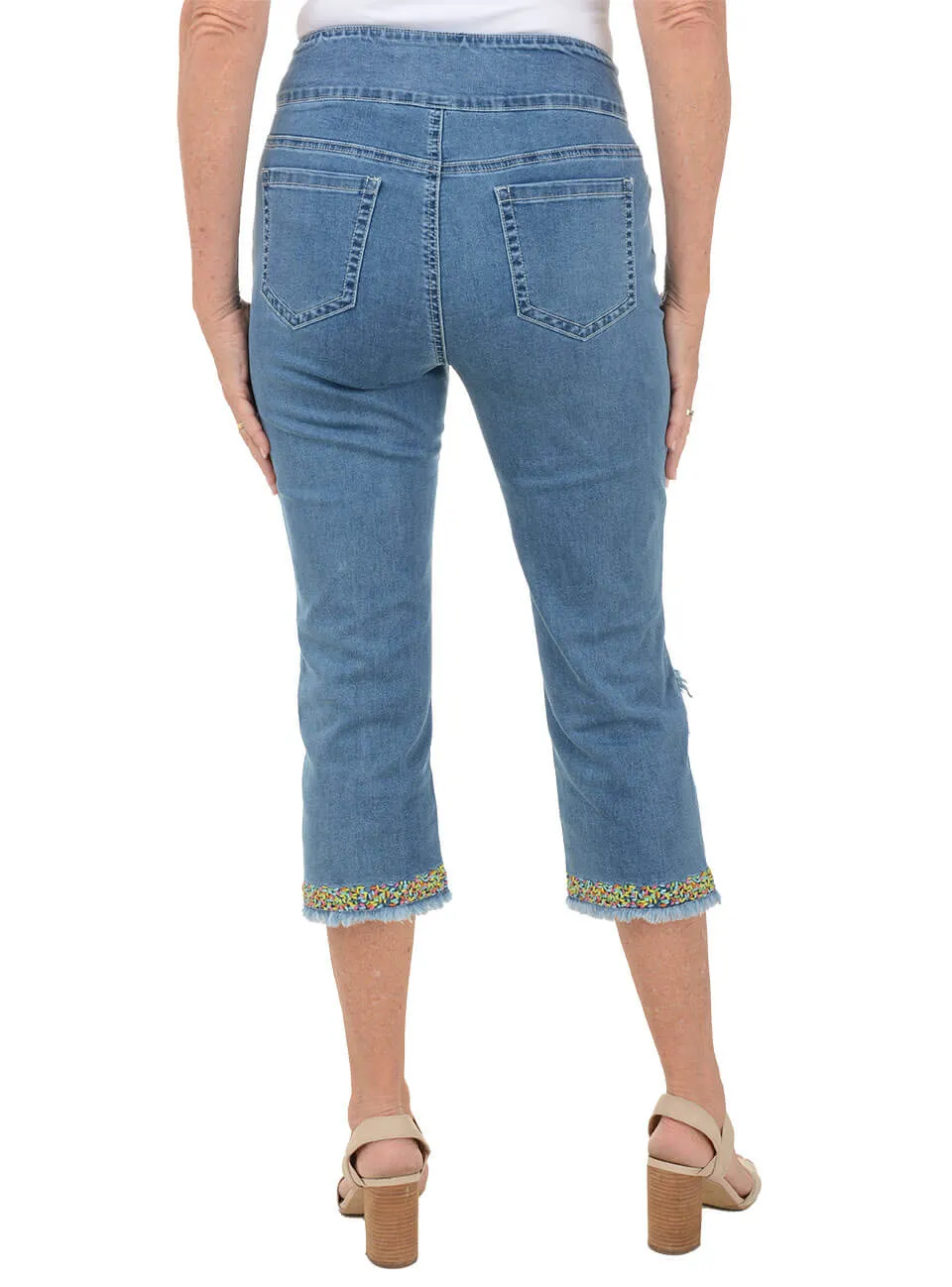 Angular Fringe Pull-On Denim Capri Pant