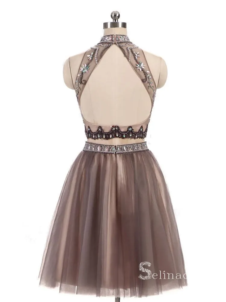 Two Pieces Homecoming Dress High Neck Beaded Short Prom Dress MHL050