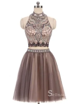 Two Pieces Homecoming Dress High Neck Beaded Short Prom Dress MHL050